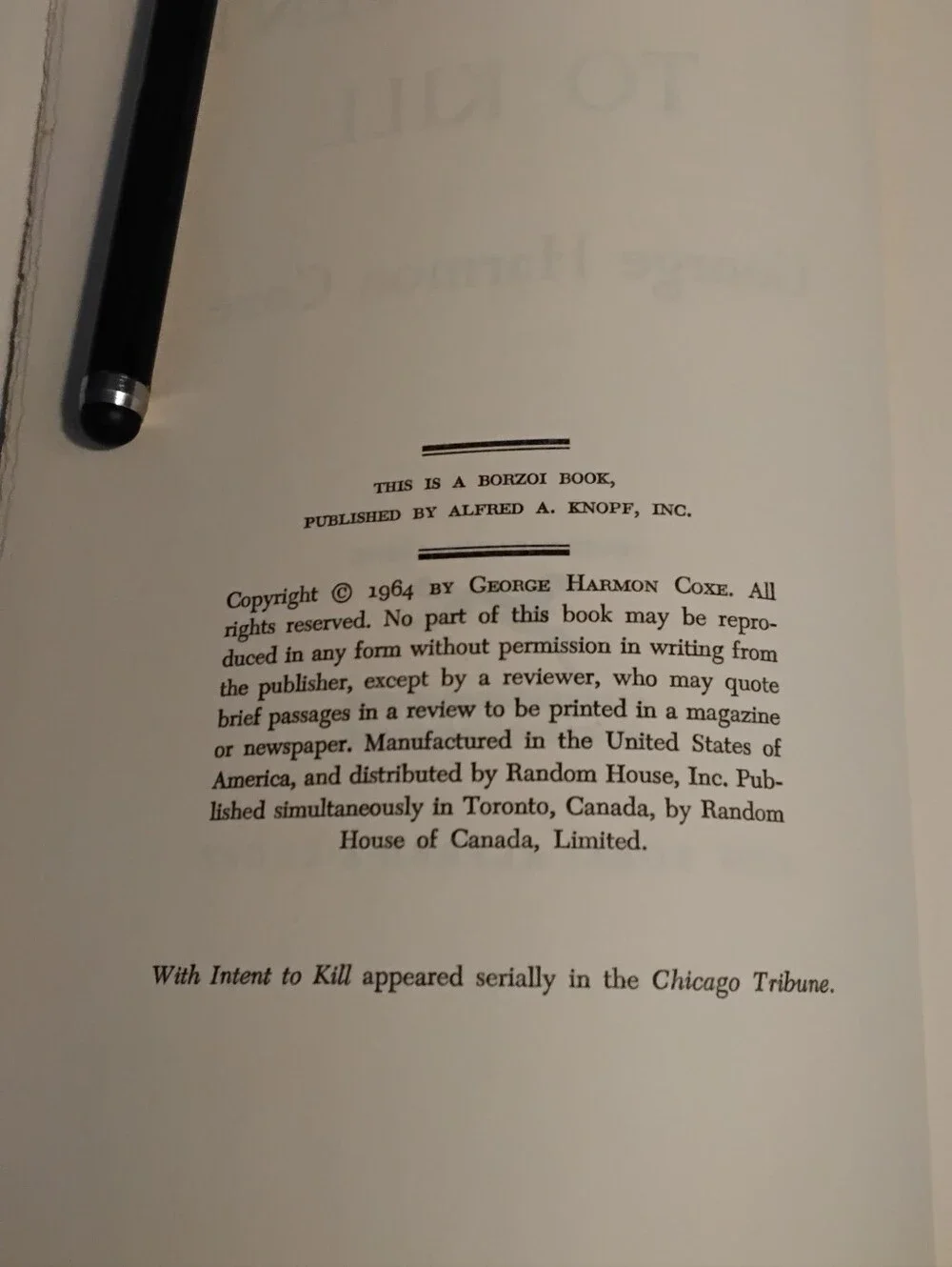 With Intent to Kill George Harmon Coxe 1964True Trade First Edition No DJ BOOK